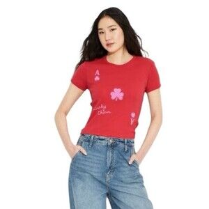 Vinyl Threads Women's Lucky Charm Baby T-Shirt Ace of Clubs Short Sleeves Red XL